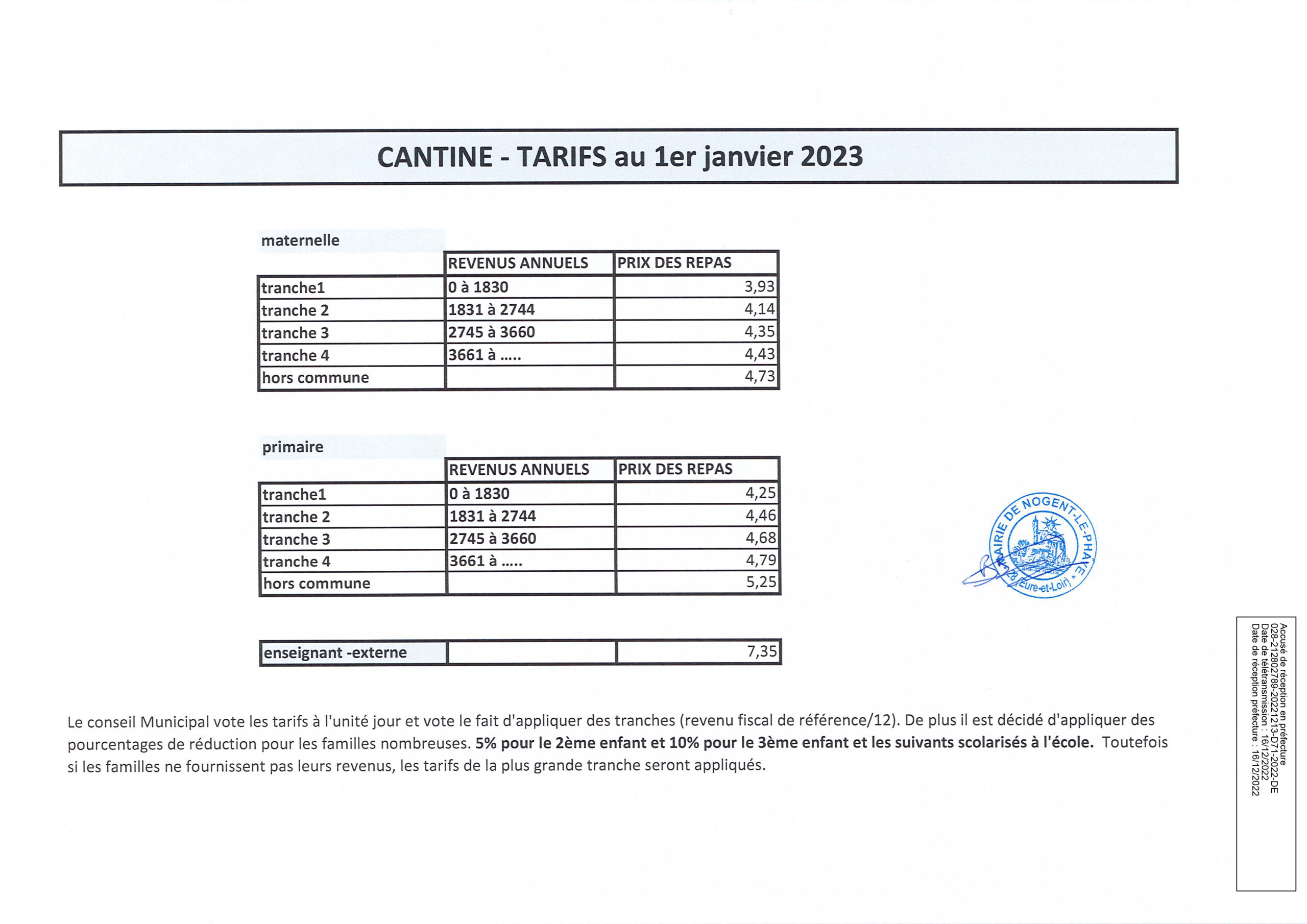 Tarif Cantine 2023