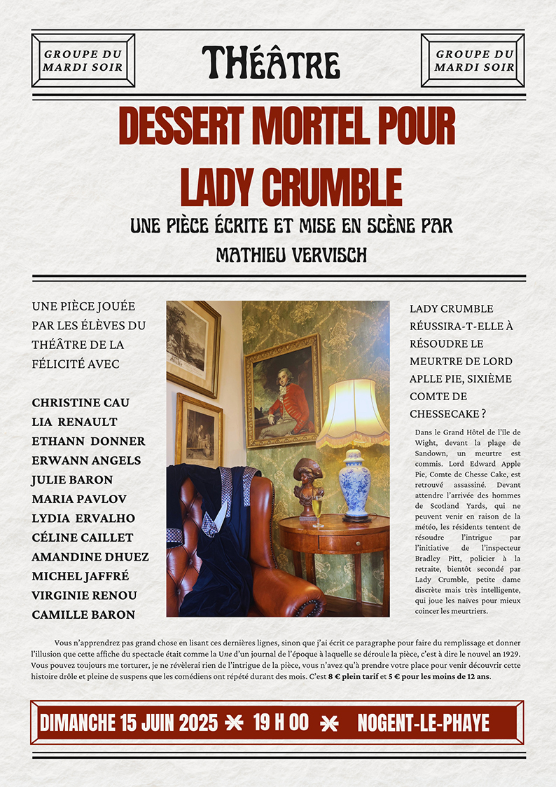 Théâtre - Dessert mortel pour Lady Crumble, dimanche 15 juin